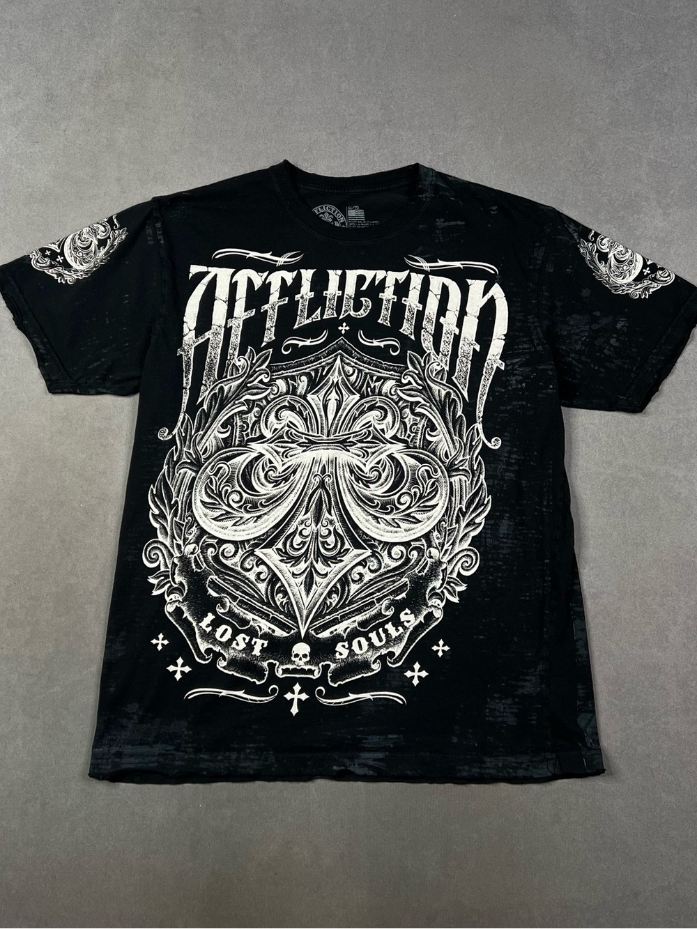 Affliction Black Tee with White Ornate Crest Y2K